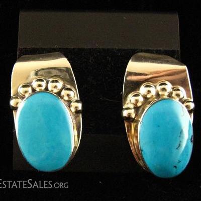 Sterling Pierced Earrings with Oval Turquoise Stone