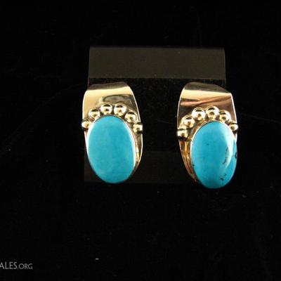 Sterling Pierced Earrings with Oval Turquoise Stone
