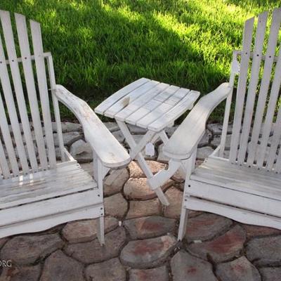Adirondack white painted Wood Chairs and a Folding Slat Top Table (1 of 2 Shown)