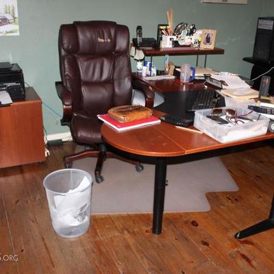 home office desk, chair, printers, supplies
