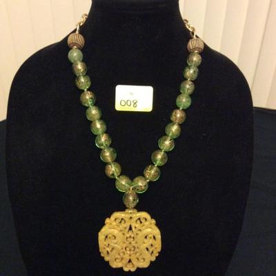 HFJ008 Celadon Yellow Green Jade Pendant w/ Peking Glass Beads
