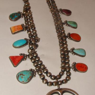 Navajo, Sterling, Turquois, and Coral Necklace. Artist Signed Brian Joe