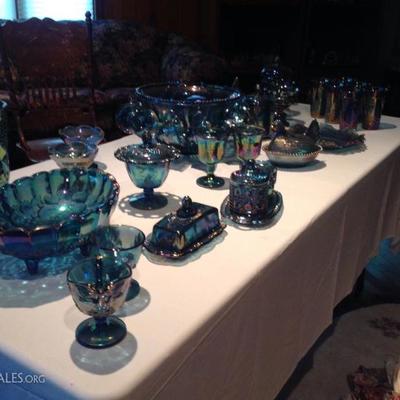 Lots of carnival glass. Blue and yellow