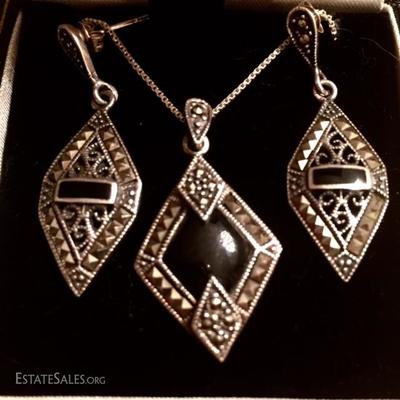 Sterling and Marcasite Earring and Necklace Set