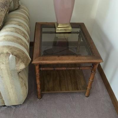 vintage mid-centurty glass top bamboo side table