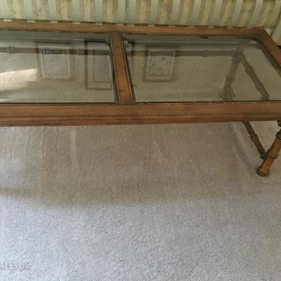 vintage mid-centurty glass top bamboo coffee table