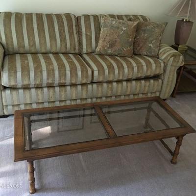 La-Z-Boy sofa, vintage mid-centurty glass top bamboo coffee table