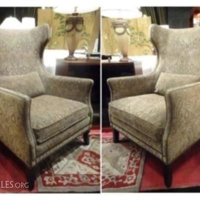 PAIR BERNHARDT INTERIORS WING CHAIRS WITH NAILHEAD TRIM