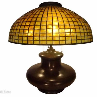 AUTHENTIC TIFFANY STUDIOS SIGNED GEOMETRIC LAMP SHADE ON BRONZE BASE, 22
