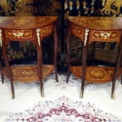 PAIR LOUIS XV STYLE MARQUETRY TABLES WITH GILT METAL MOUNTS