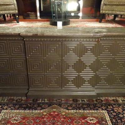MID CENTURY MODERN SIDEBOARD WITH MARBLE TOP, NEW GREIGE FINISH