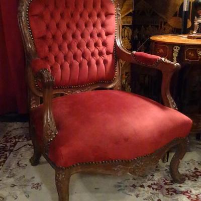 PAIR LOUIS XV STYLE RED VELVET ARMCHAIRS