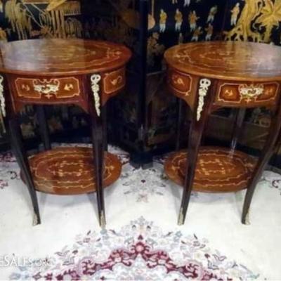 PAIR LOUIS XV STYLE OVAL MARQUETRY TABLES WITH GILT METAL MOUNTS