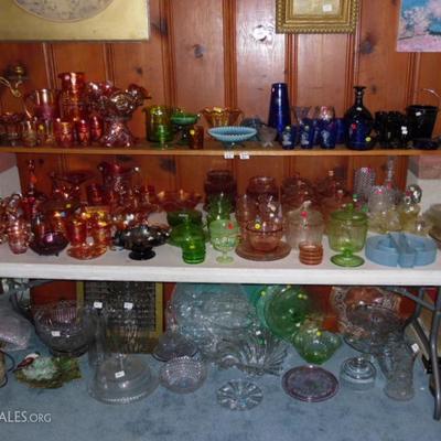 Large quantity of Carnival glass and depression glass