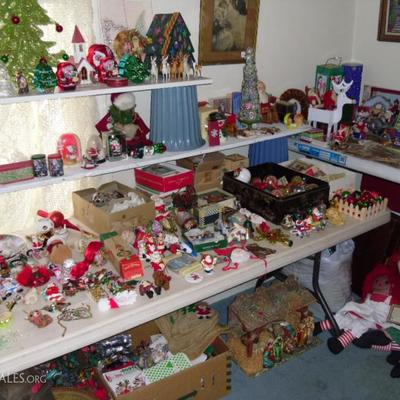 Tables of vintage Christmas decorations