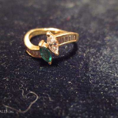 14K gold, emerald and diamond ring