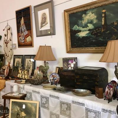 Hand painted boxes, vintage rooster weathervane lamps and listed artist seascape with lighthouse