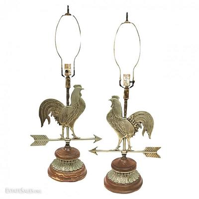 Pair of vintage, heavily-wrought metal weathervane rooster lamps, 30 inches to top of finials