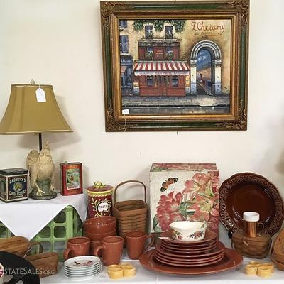 Kitchenwares and a few Longaberger baskets, including a wine caddy basket