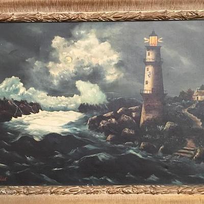Large atmospheric marine and lighthouse painting by EugÃ¨ne Balardelle who exhibited in shows in NYC in the 1950â€™s