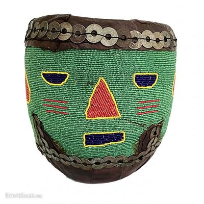 Colorful Yoruba glass bead and leather basket, trimmed in Nigerian leather and Nigerian coins