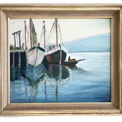 This anonymous oil on canvas marine scene is already receiving inquiries and praise.  Including its frame, it measures 25 inches x 29...