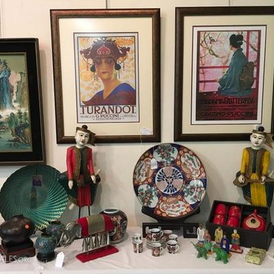 Our wood, polychrome Thai musicians; 18 inch hand painted charger; one of two large green glass decorative plates; some Asian cloisonnÃ©...