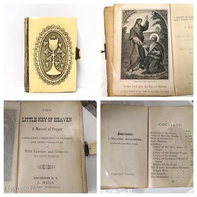Celluloid Little Key of Heaven prayer book with pictures of frontispiece and table of contents