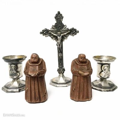 Antique home altar set (includes box); two small tubby monks, about 3 inches tall 
