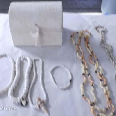 DDC083 Puka Shell Necklaces & Brocade Jewelry Box

