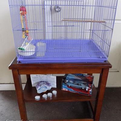 DDC027 Bird Cage, Wood End Table, Die Cast Car & Geode Candle Holder

