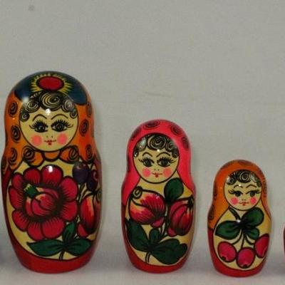 Matryoshka Russian Nesting Dolls:  Set of 7 hand painted dolls in decreasing size place one inside the other, originally 8 doll set but...