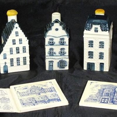 KLM Dutch Airlines Delft Mini Liqueur Decanter Village Houses and Rare Business Glass Tiles