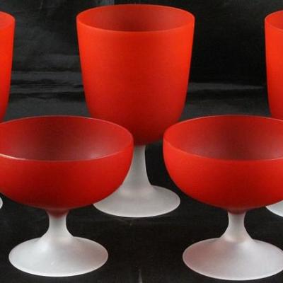 Vintage Satin Glass: Red Bowl with White Stem Ice Tea Goblets (10) and Sherbets (6)
