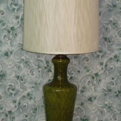 1 of a Pair 1960's Green Glass Lamp on Brass Base with Original Shade