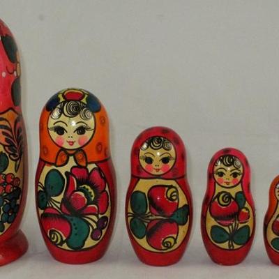Matryoshka Russian Nesting Dolls:  Set of 7 hand painted dolls in decreasing size place one inside the other, originally 8 doll set but...