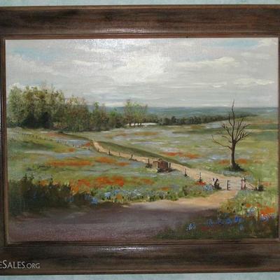 Original artwork on canvas board "Texas Bluebonnet Landscape" by Texas Artist Betty Myers (24" X 18") Wood Frame...