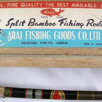 Original label on the Antique Arai Fishing Goods Co. Split Bamboo Fishing Rod Wood Box