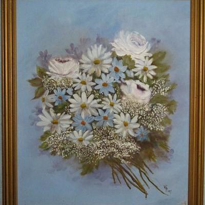 Original Oil on Canvas Floral Still Life, Roses & Daisies Bouquet by Vi Perry in gold wood frame (23'W x 27