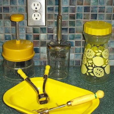 Yellow Kitchenware:  Chop-o-Matic, Hazel Atlas Glass Measuring Jar Chopper,  Lemonade Pitcher, Texas Ware Rectangular Vegetable Bowl and...