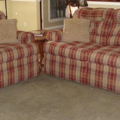 La-Z-Boy Red Plaid Upholstered Sofa and Love Seat.  Love Seat is 2 Recliners and Sofa has Recliners on each end.  Great Condition!