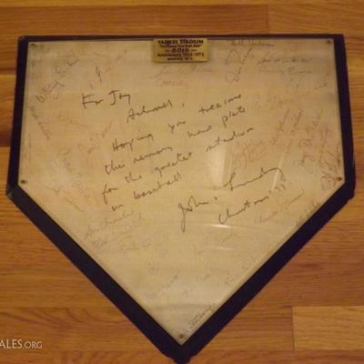 Yankee Home Plate Signed by Whitey, Mel, Bobby M., Lou P., Thurmon, Roy White, Craig Nettles, Sparky and many more