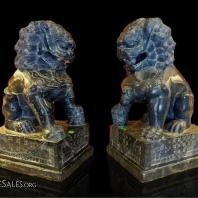 PAIR CHINESE CARVED HARDSTONE FOO LIONS