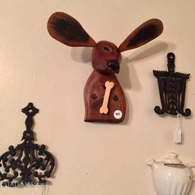 Handcarved Dog Clock and Cast Iron Trivets