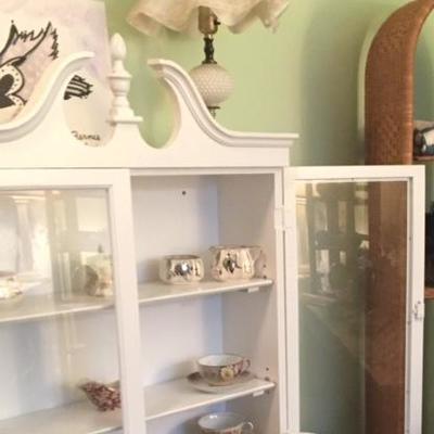 Vintage Glass Front Cabinet filled with Tea Cups, linens and more