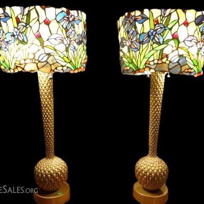 PAIR CONTEMPORARY LAMPS WITH STAINED GLASS SHADES