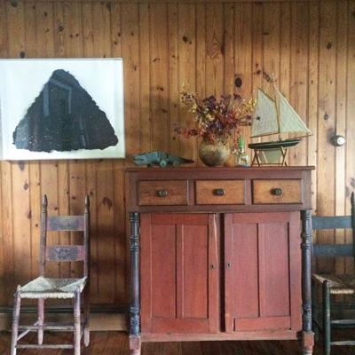 Contemporary relief sculpture of handmade paper, beautiful antique cupboard with loads of personality!