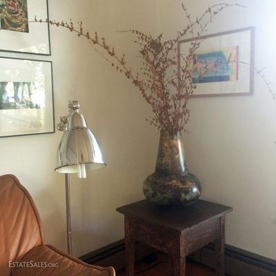Gorgeous art pottery vase w. spring branches, primitive side table, original five color etching by Philadelphia's own Sarah McEneany -...