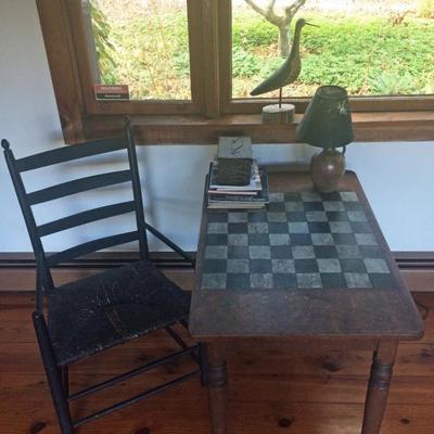 Primitive game table / desk with antique arm chair