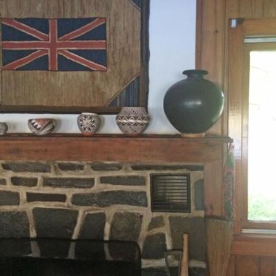 Vintage British flag hooked rug wall hanging, collection of Acoma pottery from New Mexico